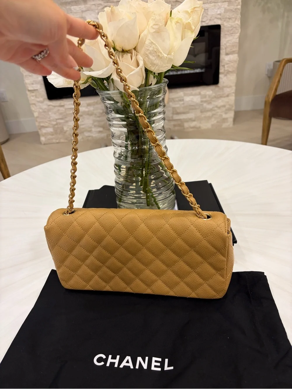 CHANEL Quilted Shoulder Bag in Camel Tan with Gold Hardware
